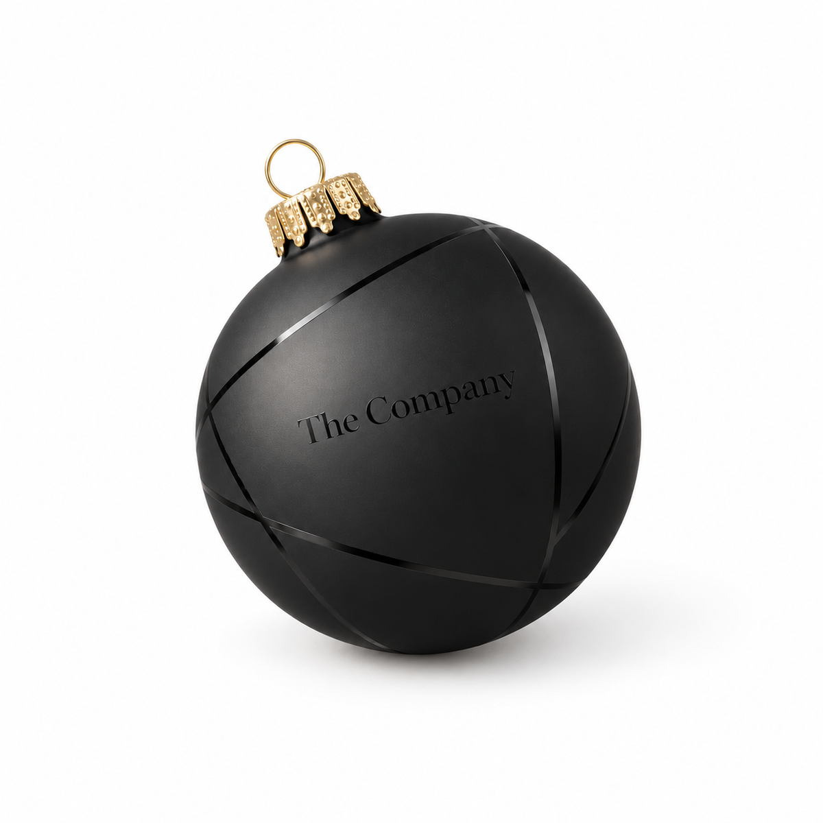 Mattschwarze Weihnachtskugel mit goldenem Krönchen und Logo in Glanzlack